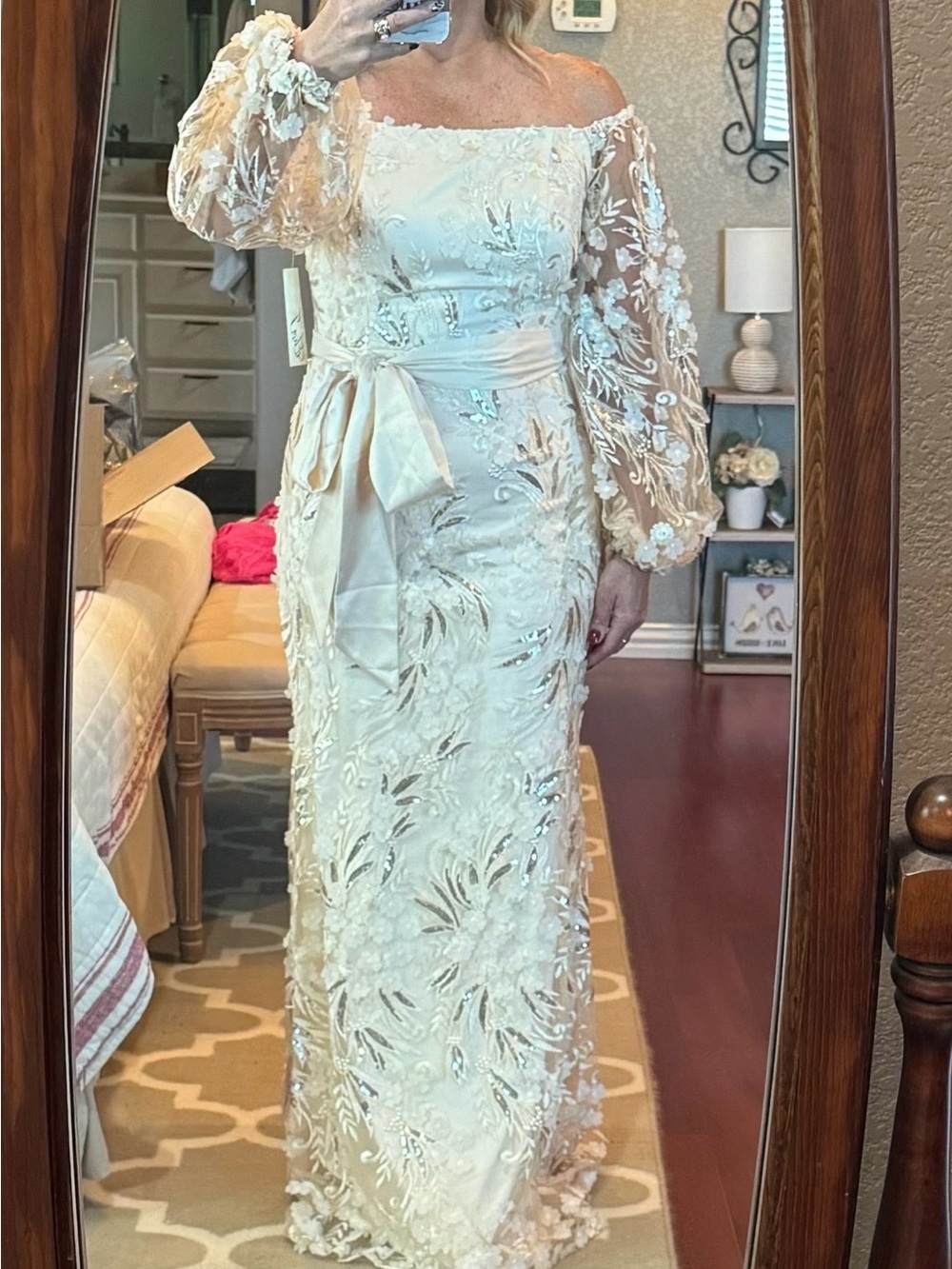 Eliza J Ivory Floral Lace Off-Shoulder Maxi Dress with Sheer Sleeves